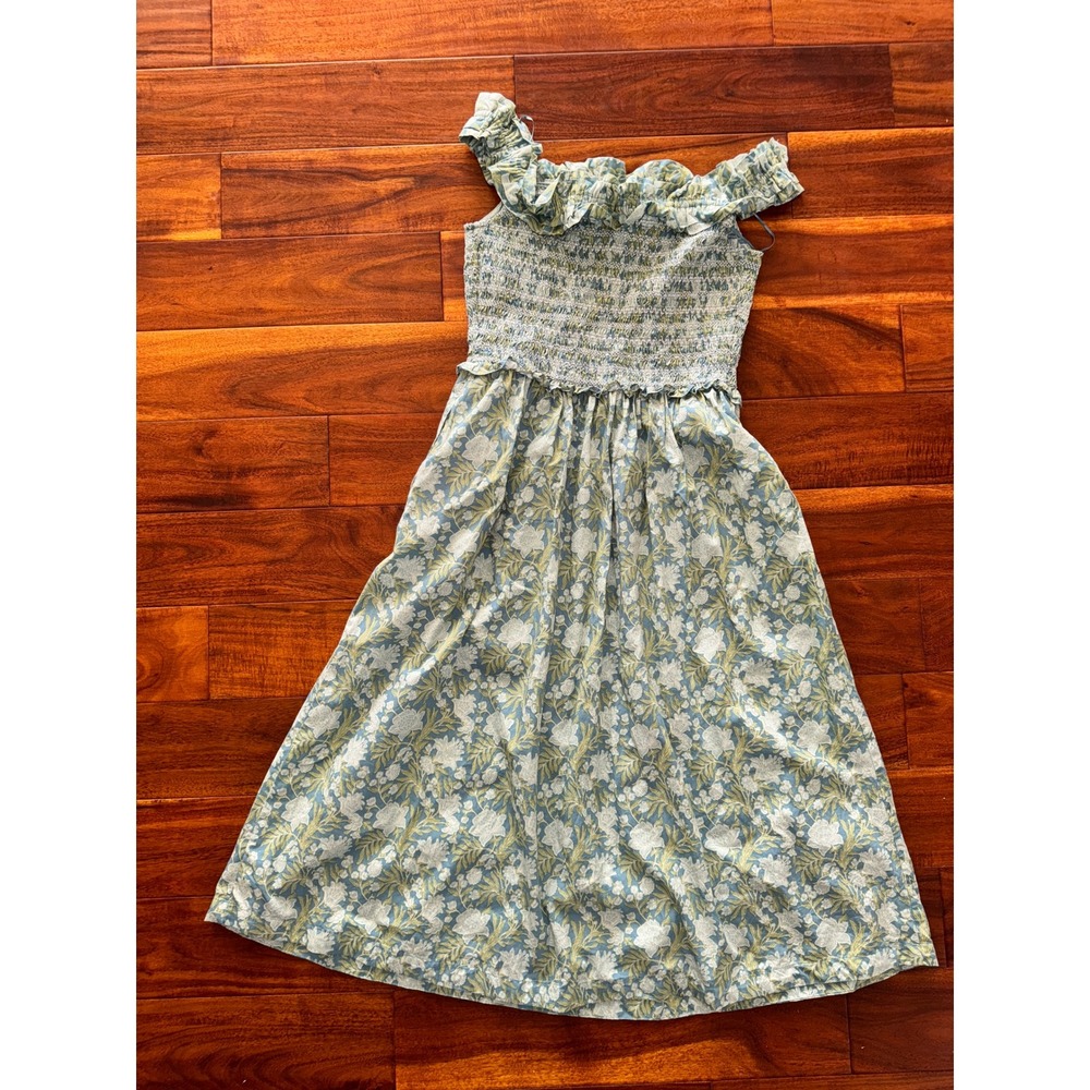 Society Social x Crown Ivy Smocked Off‎ Shoulder Midi Dress Floral Blue Green M
